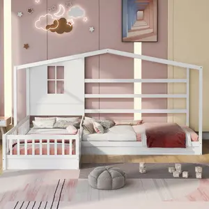 L Shaped Bed Frame for 2, Twin House Bed, Wooden Double Twin Beds with Fence and Roof, Playhouse Bed, Corner Bed for Bedroom Furniture, No Box Spring Needed (White)
