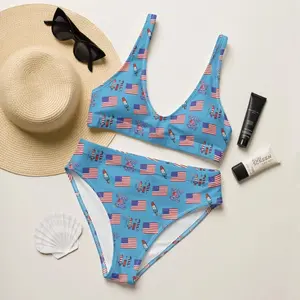 Happy July 4th themed Recycled high-waisted bikini, 4th of July High Waist Bikini Set Women American Flag Firecracker Popsicle Print Patriotic Swimsuit Summer Beach Party USA Independence Day Two Piece Bathing Suit Swimwear Blue