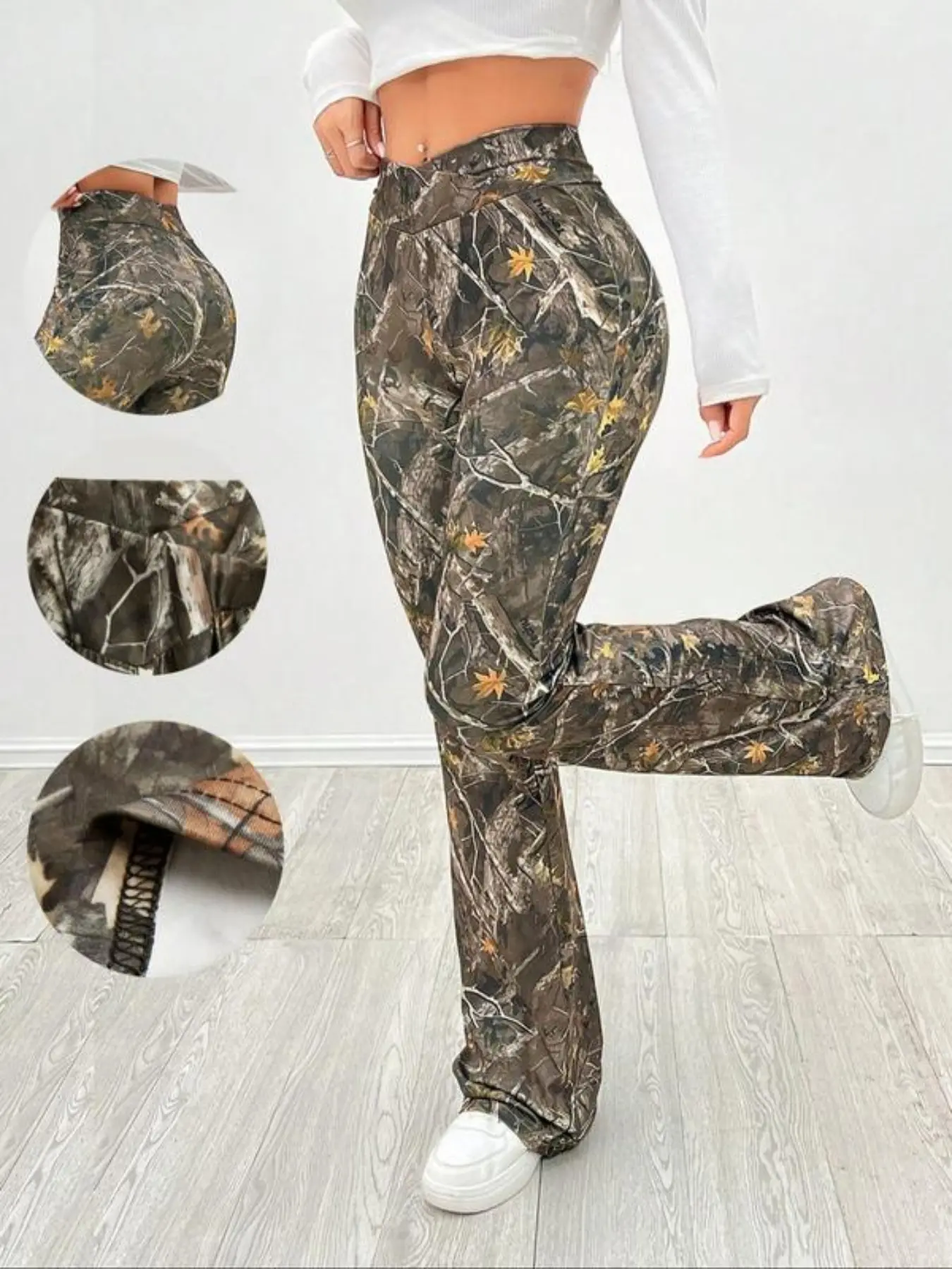 Women's Versatile High-Waisted Flared Pants, Camo Pant, Camouflage, Casual Outdoor Pants, Stretchy Lightweight Fabric, Slim-Fitting, Yoga & Casual, Athleisure Style, Casual Chic Bottoms, Casual Wear Bottoms
