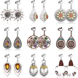 THUNARAZ 9-Pair Bohemian Style Clip-On Earrings for Women, Lightweight Hypoallergenic Metal Coating Dangle Drop Ons for Non-Pierced Ears, Fashionable Jewelry Accessories for Daily Outings Christmas Gift, Bohemian Earrings, Gypsy Chic Earrings