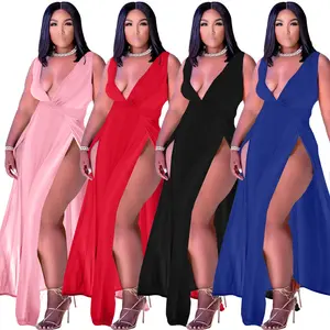 Women's Plus Size Sleeveless Deep V Neck Front Split Long Maxi Wrap Dress