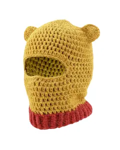 Pooh Shiesty Ski Mask Yellow Crochet Balaclava with Bear Ears and Red Cuff Cotton Material