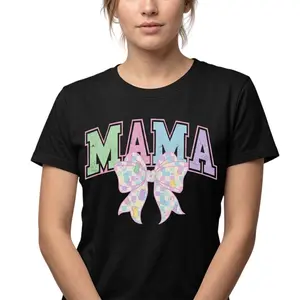 Coquette Bow Easter Mama T-Shirt Retro Vintage Varsity Mom Tee Cotton Crew Neck Short Sleeves Casual Top for Women Breathable Womenswear Classic Fit