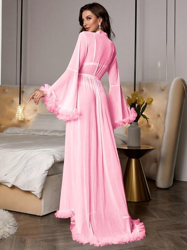 Women’s Pink Plush Lace Nightgown – Long Sleeve Semi-Sheer Robe with Belt, Elegant Sleepwear Women’s Pink Plush Lace Nightgown – Long Sleeve Semi-Sheer Robe with Belt, Elegant Sleepwear