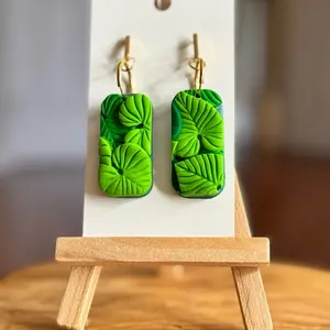 Leafy Drop Polymer Clay Earrings Green Leaf Design Hypoallergenic Surgical Steel Studs Elegant Boho Style