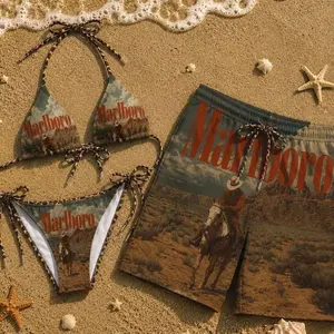 Marlboro Desert Cowboy Print Bikini Set & Men’s Swim Shorts – Vintage Western Aesthetic Couple Beachwear, Summer Vacation Outfit, Bold Graphic Style