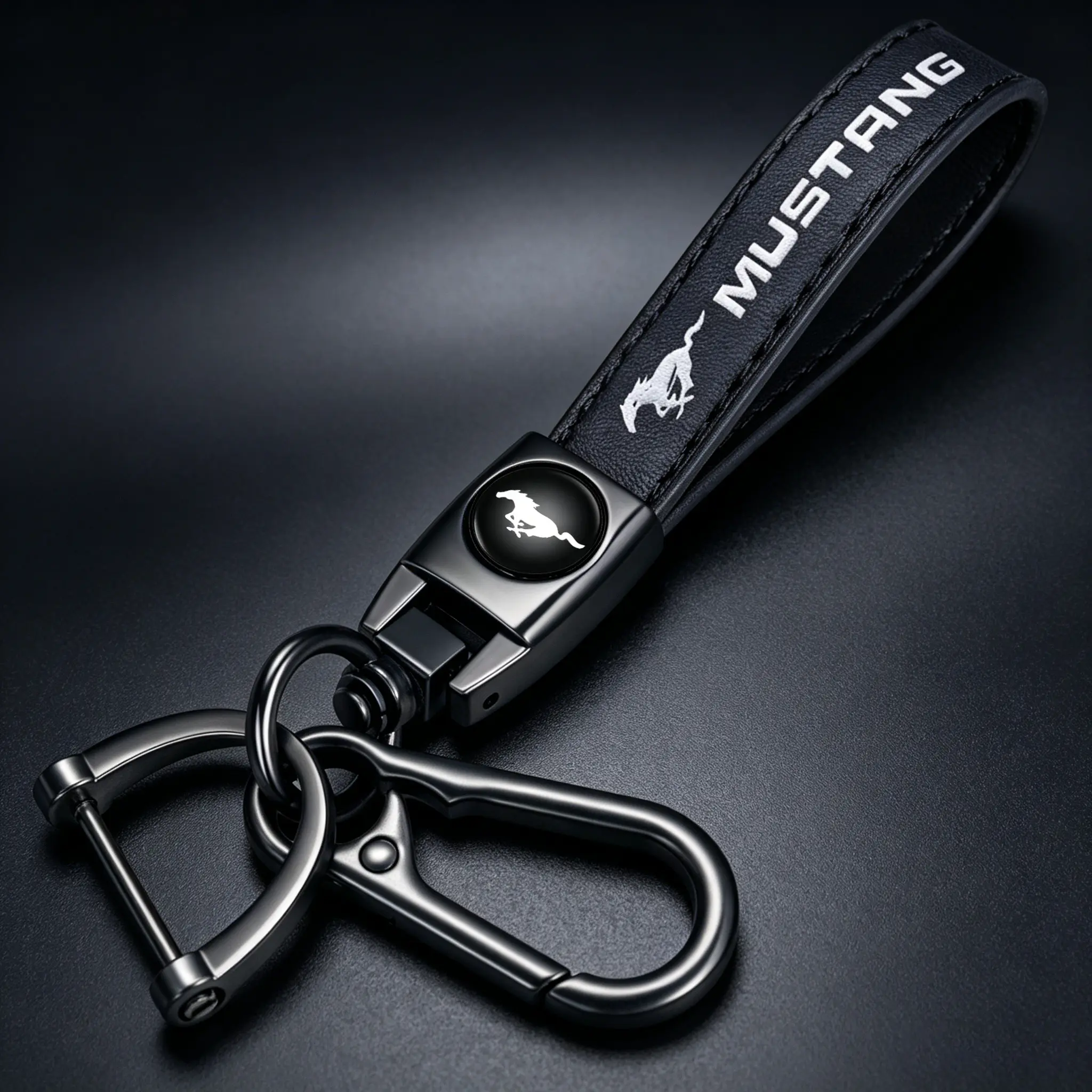 Genuine Leather Ford Mustang Car Keychain - Zinc Alloy Rotatable Ring, Anti-Fade Finish, Durable Automotive Interior Decoration, Birthday Gift for Men, Daily Carry Accessory