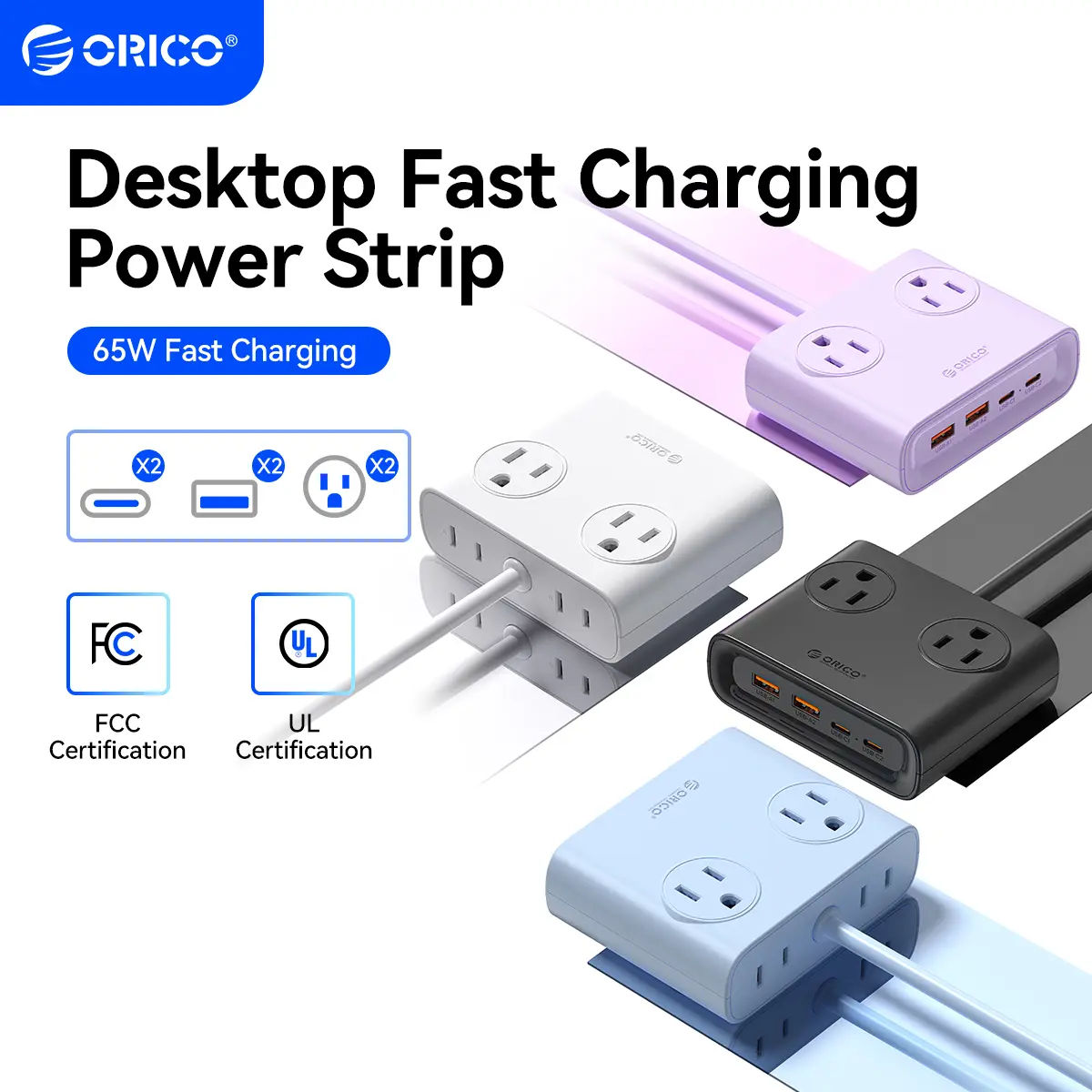 ORICO Universal Power Strip 1.6m Extension Cord with 2 USB Ports & 2 TPCY-C Ports, Compact Design for Travel & Hotel Use Cord Travel Power Socket USB Charger Power Extension Outlet-PDC