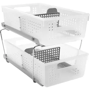 2-Tier Organizer, Multi-Purpose Slide-Out Storage Baskets with Handles and Dividers, Frost