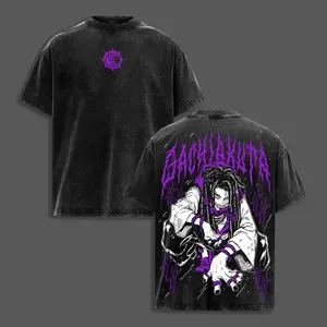 GACHIAKUTA Rudo Surebrec Washed Vintage T-Shirt, Purple Black Anime Graphic Print, Unisex Oversized Cotton Short Sleeve, Streetwear Tee for Men Women Teens, Grunge Aesthetic, Otaku Fan Gift