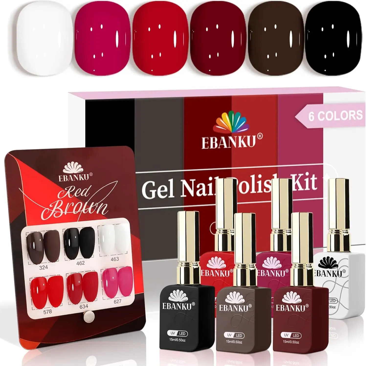 Ebanku Nail Polish Kit, 6 Pieces, 15ML Each, Vintage Wine, Removable Gel, Nail Art, Suitable for Daily Manicure Use