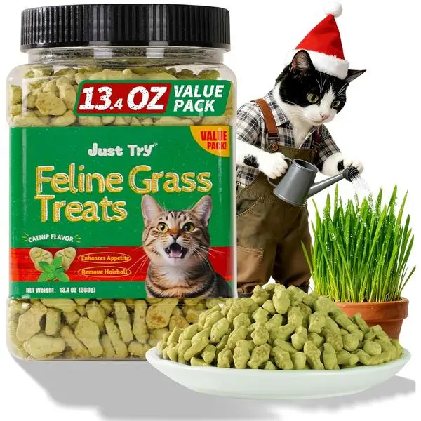 13.4 OZ Cat Treats for Indoor Cats Hairball Control Natural Salmon Healthy Cat Grass Treats Kitten Snacks Training Biscuits Catnip for Cats Dental Care, Indoor Cat Treats, Hairball Relief, Digestive Support, Crunchy Dental Snacks