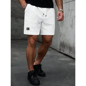 Men's Textured Knit Casual Shorts White Elastic Waist Drawstring Relaxed Fit Shorts with Pockets