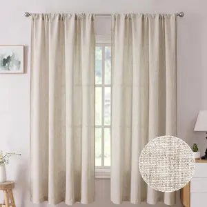 Short Linen Curtains Bedroom Rod Pocket Semi Sheer Curtain Burlap Light Filtering Thick Linen Drapes for Living Room, 38 x 45 inches Long, Natural, Set of 2 Panels