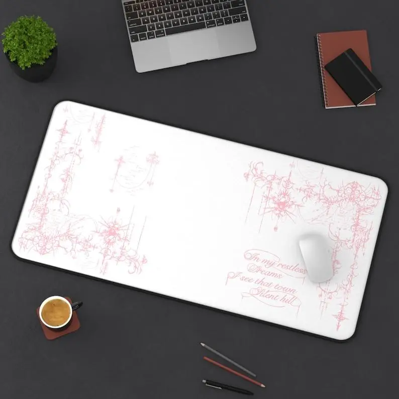 Pink Silent Hill floral script Desk Mat | girly elegant mousepad deskpad, Non-Stitched Mat