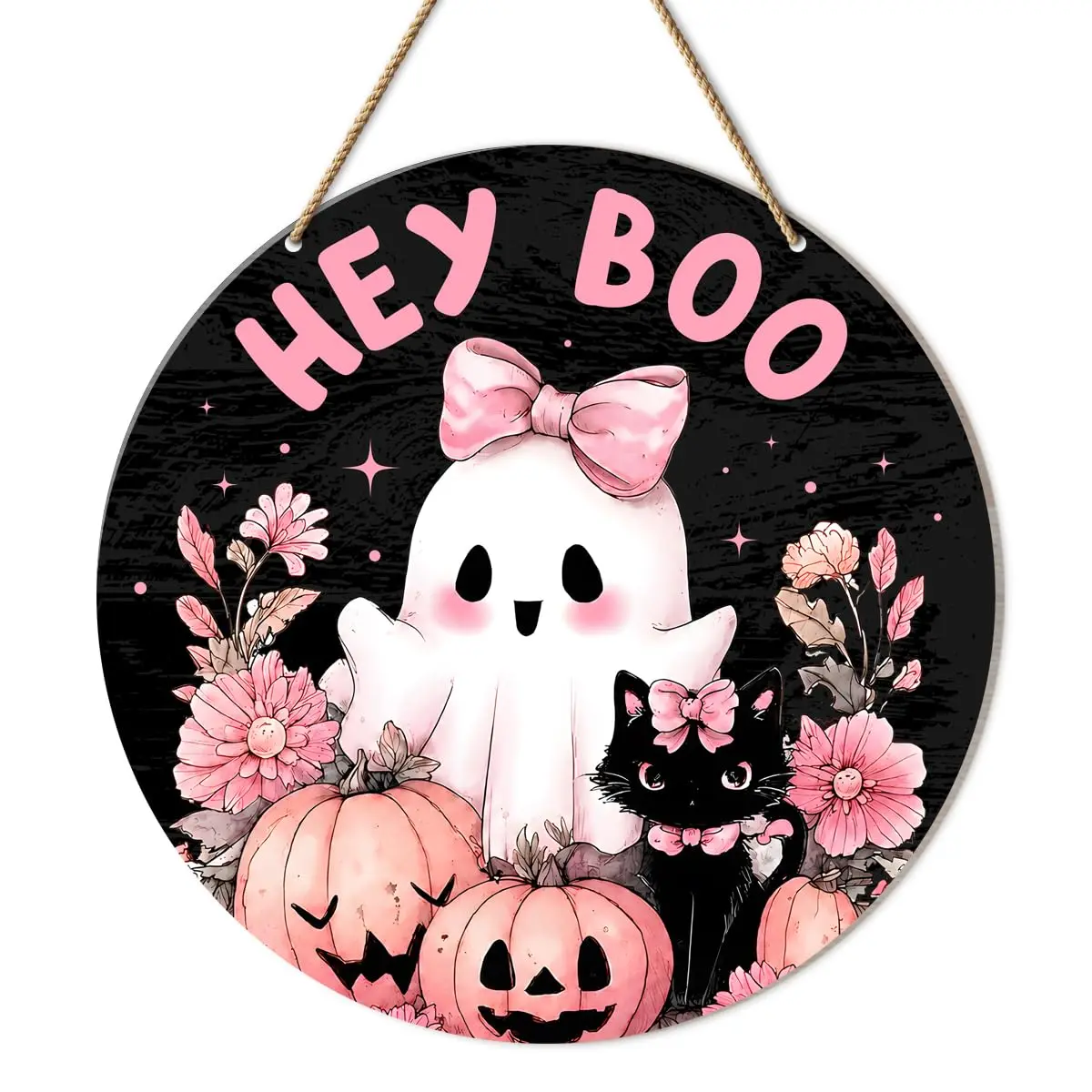 Pink Halloween Decor Halloween Wreath Cute Hey Boo Ghost Black Cat Door Sign for Front Door Porch Wall Indoor Outdoor Home Office Decor