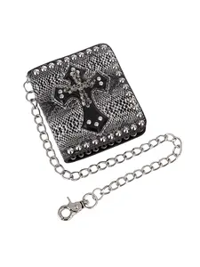 Gothic Punk Biker Wallet with Snake Skin Print, Skull Cross Emblem, Full Studded Edges, PU Leather, Anti-Theft Metal Chain, Multi-Card Slots, for Motorcycle Riders, Streetwear Style