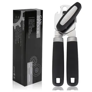 Heavy Duty Manual Can Opener with Built, in Bottle Opener - Stainless Steel, Ergonomic Soft Handle, Smooth Edge Cutting, Multifunctional Kitchen Tool for Cans & Bottles (Black)