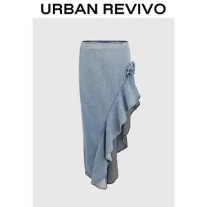 URBAN REVIVO Women's Boho-Style Asymmetrical Flower Denim Skirt UWG850097 Casual Outfit 2025 Women Clothing Girl Elegant Fashion Trendy and Versatile OOTD Maxi Womenswear