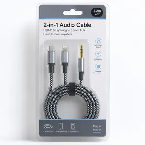 Aux Audio Cable for iPhone, 2 in 1 USB C to 3.5mm Aux Audio Lightning to 3.5mm Audio Cable Fit with iPhone 17 16 15 Plus/14/13/12/11/XR, Galaxy S24/S23/S22, Pixel 8/7/6, iPad to Car Stereo Speaker 4FT