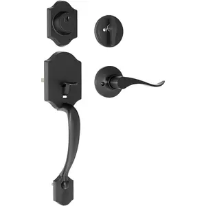 Front Door Handle and Deadbolt Set, Front Door Lock Set, Exterior Door Handle with Single Cylinder Deadbolt Lock, Reversible for Right & Left, Matte Black outdoorfun
