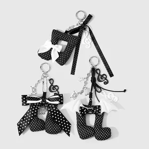 1 piece casual retro minimalist classic black-and-white polka dot bow note wing handmade beaded star DIY keychain bag charm suitable for girls/women’s everyday wear holiday gift