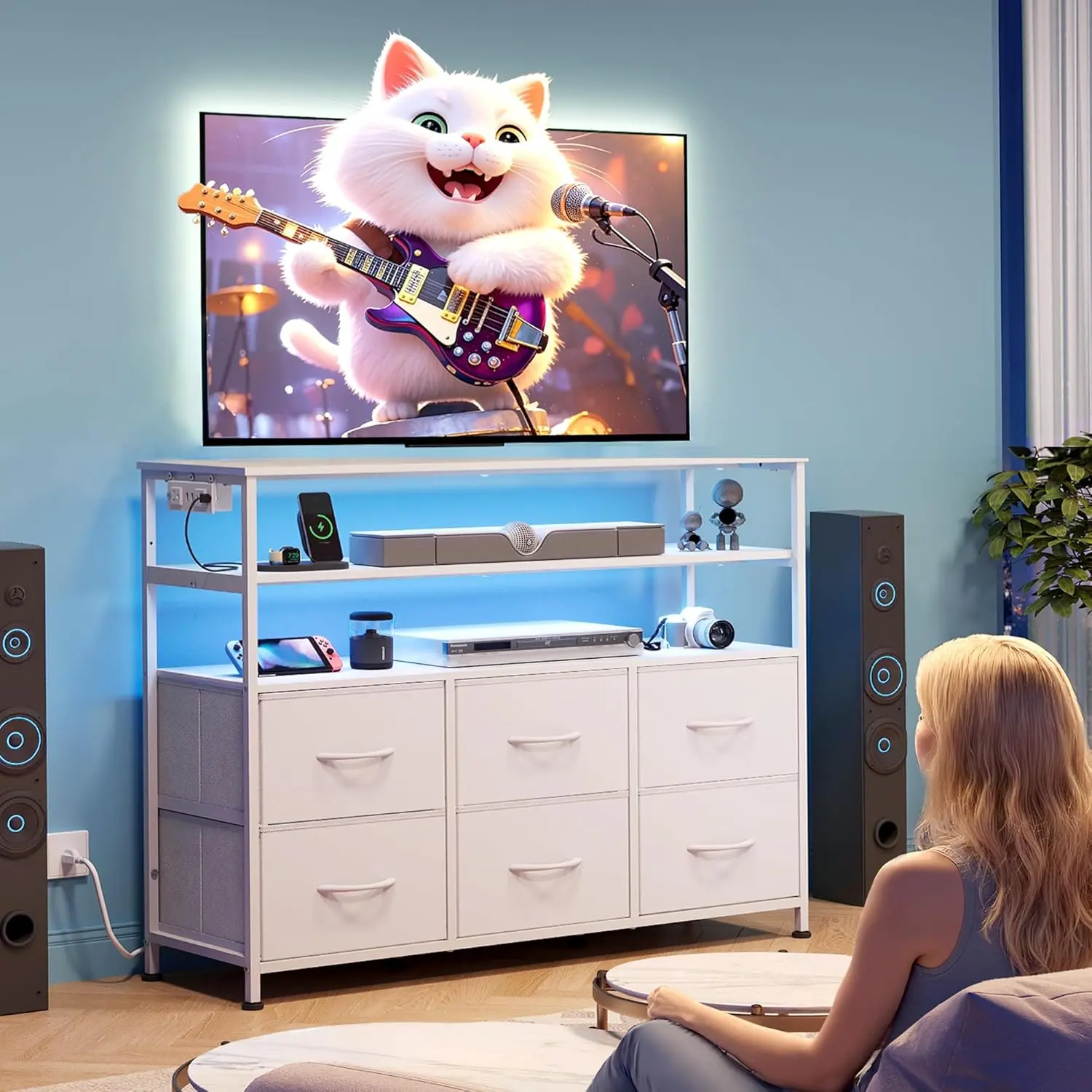 TV Stand for 40–45 inch TVs with LED Lights & Charging Station, Media Console with 6 Fabric Drawers and Open Shelves for Living Room