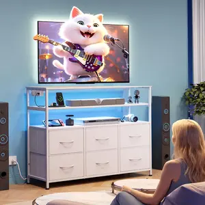 TV Stand for 40–45 inch TVs with LED Lights & Charging Station, Media Console with 6 Fabric Drawers and Open Shelves for Living Room