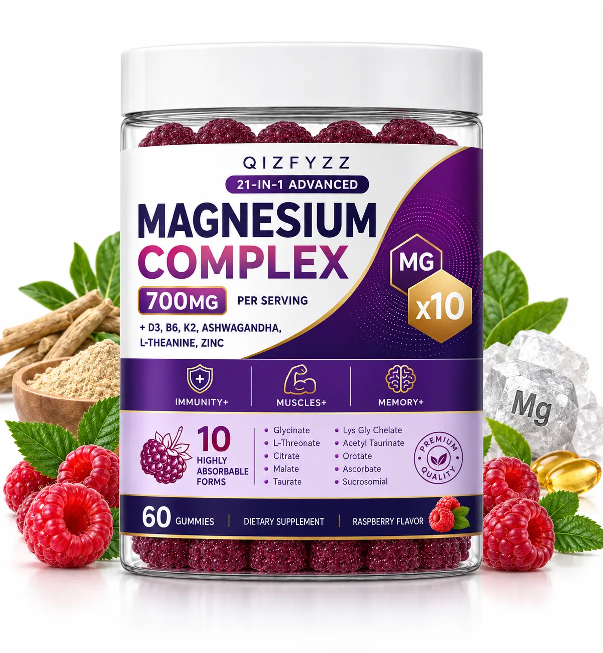 21-in-1 Magnesium Complex Gummies 700mg – 10 Forms of Magnesium with D3, B6, K2, Ashwagandha, L-Theanine & Zinc, Raspberry Flavor, 60 Count