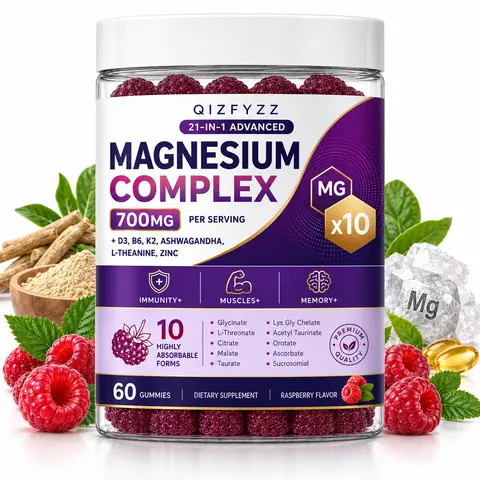 QIZFYZZ 21-in-1 Magnesium Complex Healthcare Supplement Gummies, 700mg - 10 Magnesium Forms with Vitamin D3, B6, K2, Ashwagandha, L-Theanine, Zinc, Raspberry Flavor, 60 Count