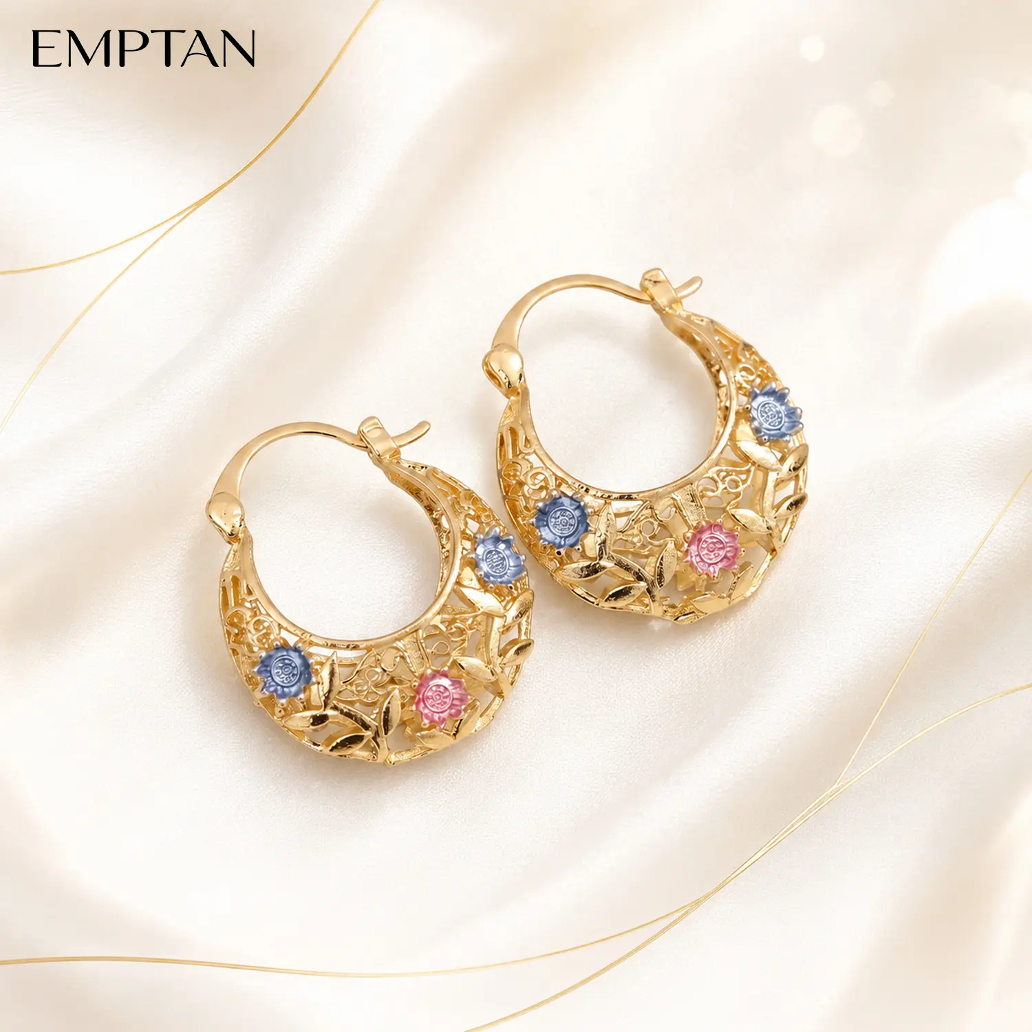 EMPTAN Vintage Flower Hoop Earrings for Women - 14K Gold Plated Tri-Color Filigree Basket Design, Elegant Statement Earrings for Wedding, Party & Everyday Wear, Jewelry Gift for Her