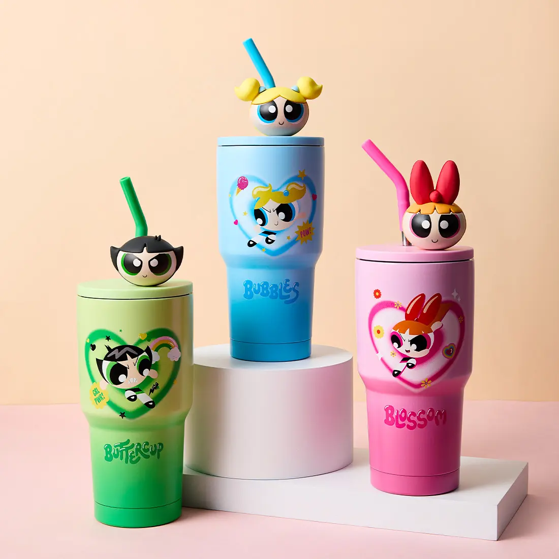 Powerpuff Girls Blossom, Bubbles & Buttercup 30 oz Stainless Steel Straw Tumbler - Groovy Retro Girl Power Iridescent Design, Leak-Proof, Eco-Friendly, Stylish, Portable Vacuum Flask Water Bottle, Fits Standard Cup Holders, Holiday Gift, Water Bottles