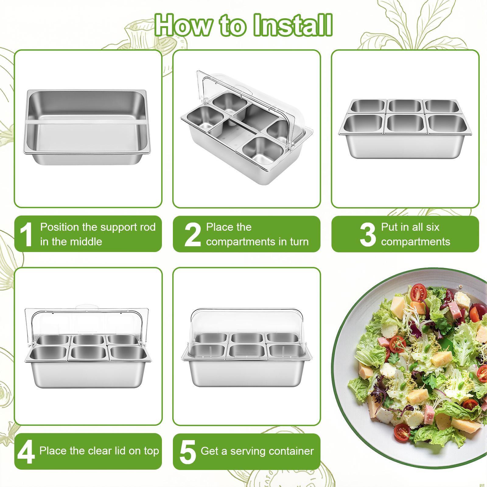 2 Pack 6 Compartment Food Serving Tray with Lid Spoons Tongs Ice Bags for Fruit Vegetable Snack Dessert Picnic Buffet Party