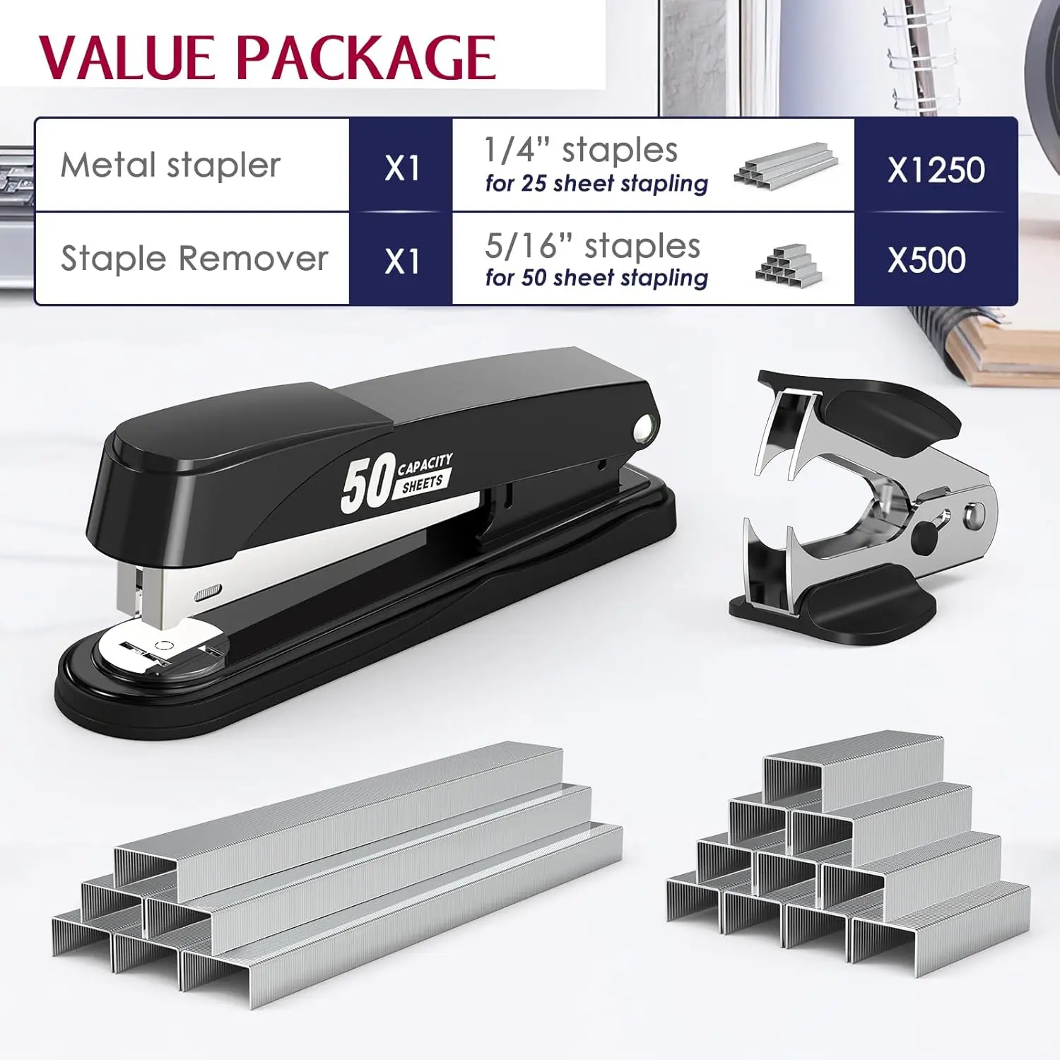 Metal Stapler Heavy Duty 50 Sheet Capacity with 1750 Staples and Staple Remover, Full Strip Staplers for Desk, No Jam, Non-Slip for Office & Classroom, Black