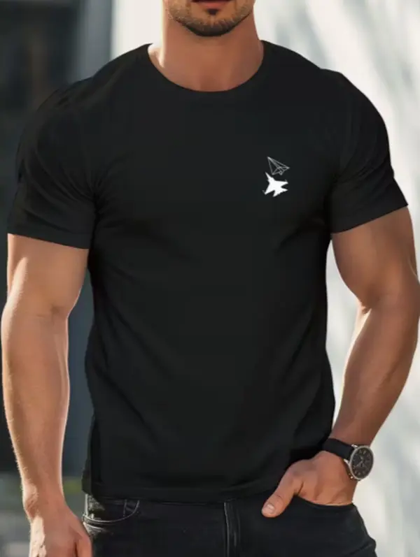 Cotton Men Crew Neck Short Sleeve T‑Shirt, Minimal Paper Plane Chest Graphic Print Casual Cotton Tee Top