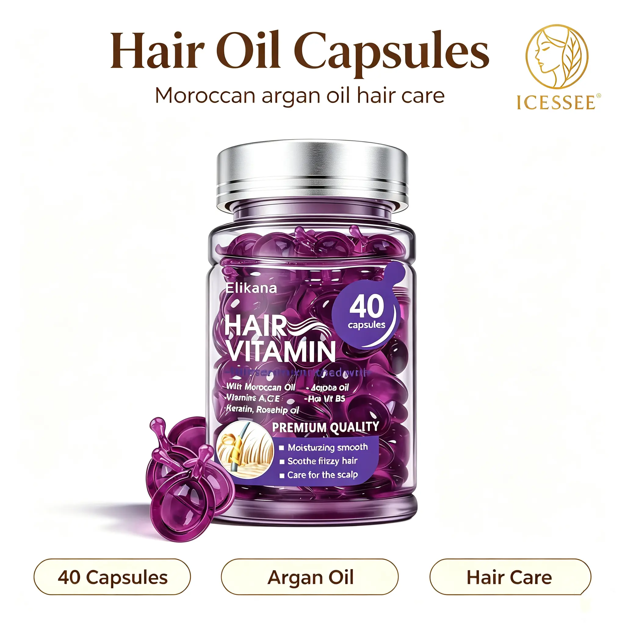 ICESEE 40 Count Argan Oil Hair Care Capsules Infused With Multi Vitamins Smoothing Serum Capsule For Frizzy Dyed Permed Hair Boost Gloss & Softness Daily Hair Styling Treatment