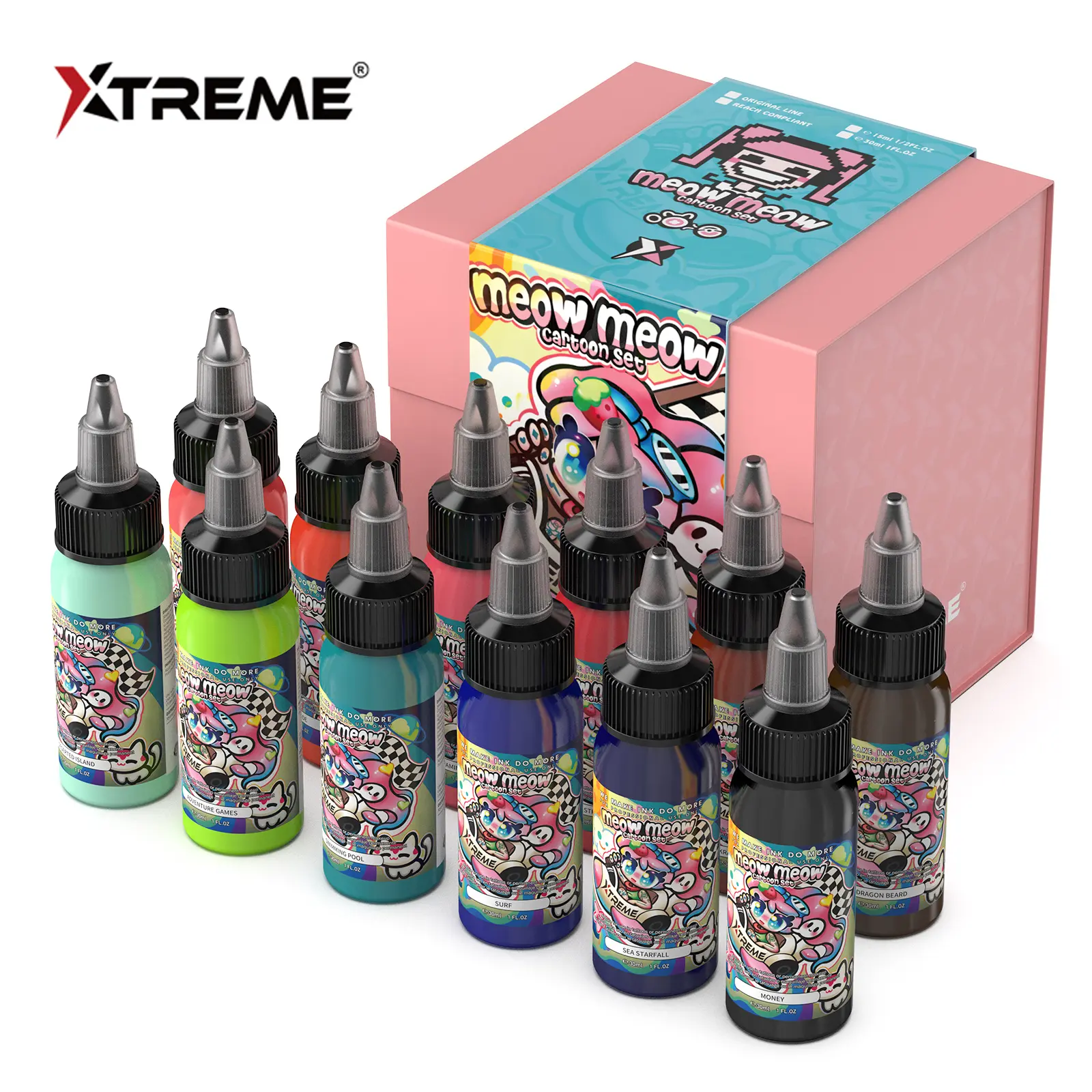 Xtreme Ink Meow Meow Cartoon Cosmetic Tattoo Ink Set, 12 Signature Colors, Tattoo Equipment Supply for Halloween Body Makeup, Summer Essentials Deals for You Days, Money