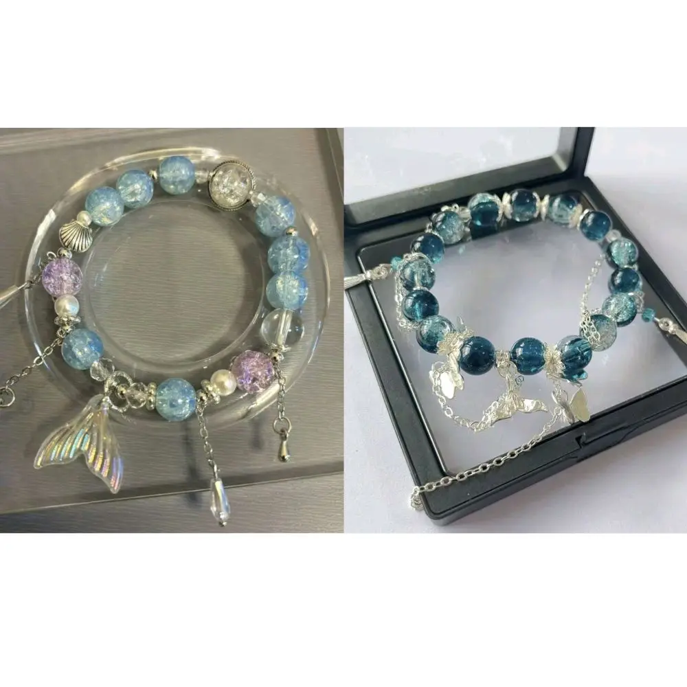 5pcs Love and Deepspace Rafayel-inspired Fishtail Bracelet with Blue Mermaid Pendant Purple Crystal Beads Mermaid Tail Charm & Dangling Tassels for Women  Exquisite Vintage Fringed
