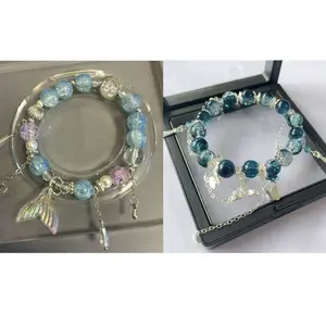 5pcs Love and Deepspace Rafayel-inspired Fishtail Bracelet with Blue Mermaid Pendant Purple Crystal Beads Mermaid Tail Charm & Dangling Tassels for Women  Exquisite Vintage Fringed