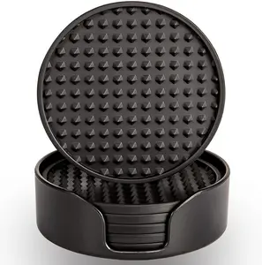 Coasters for Drinks 6 Pcs Drink Plastic Coaster with Holder,Heat Resistant Silicone Cup Mat Tabletop Protection,Non-Slip Rubber Coasters for Kinds of Cups (Black) SHENGTE