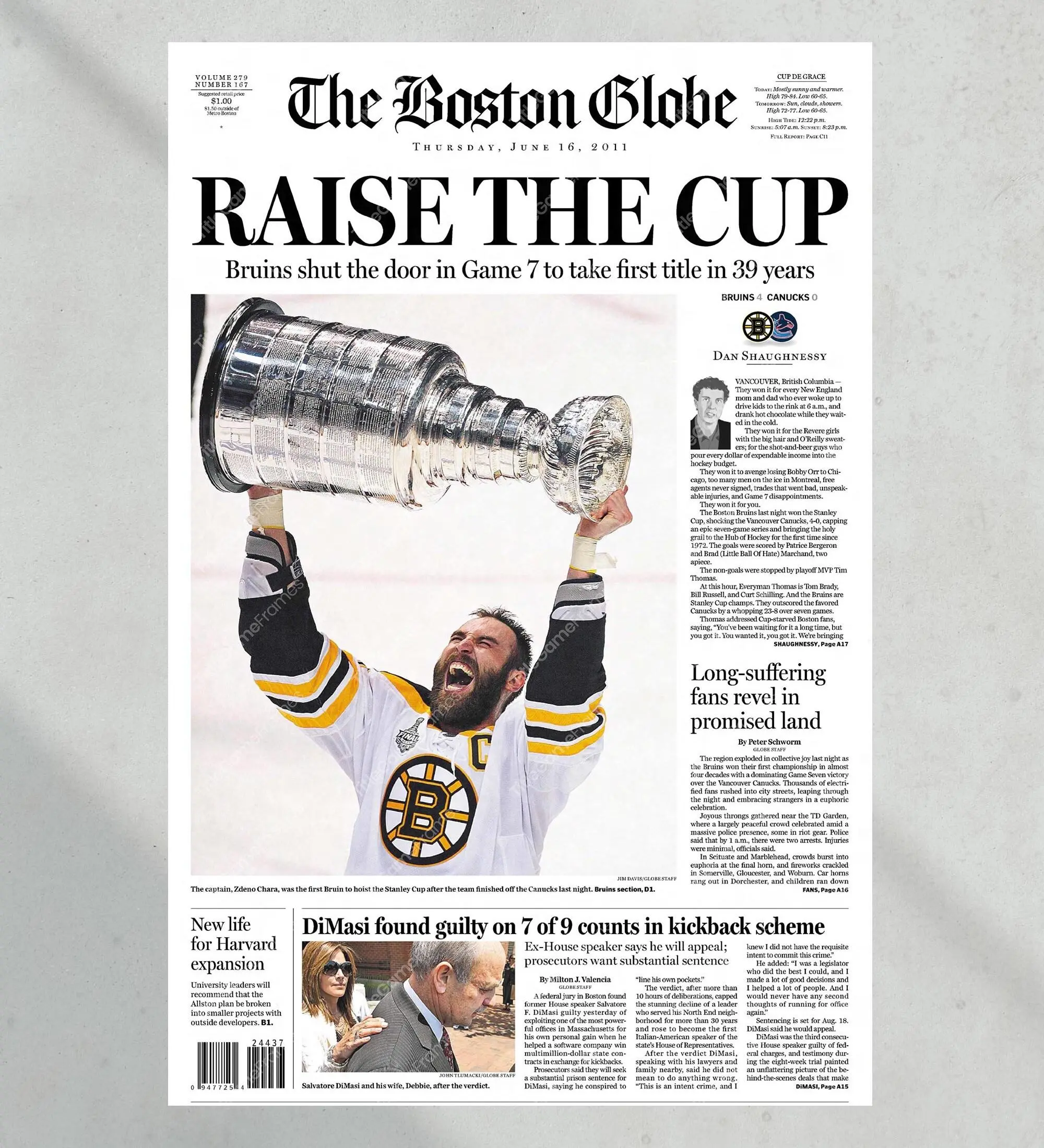 2011 Boston Bruins Stanley Cup Boston Globe Unframed Poster Cover Print Boston Garden