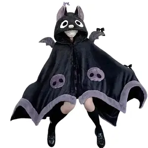 Kawaii Cartoon Bat Y2k Blanket Plush Pajamas Anime Cloak Costume Halloween Cloak For Adults Winter Ponchos Women Hooded Cape