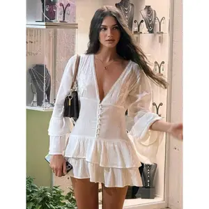 Elegant floral embroidered V-neck dress with layered long sleeves, perfect for autumn and winter vacations