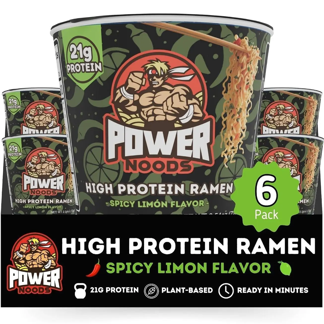 Power Noods High Protein Ramen Noodles - 6 or 12 Pack | Protein Ramen Cups for Lunch or Dinner | Better for You Plant-Based Instant Meal | Spicy Limon