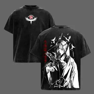 Retro Vintage Limited Naruto Itachi Akatsuki Red Cloud Washed T Shirt Anime Graphic Tee Oversized Unisex Streetwear Double Printed Heavyweight Cotton Ninja Manga T Shirt for Men Women Hoodie Option