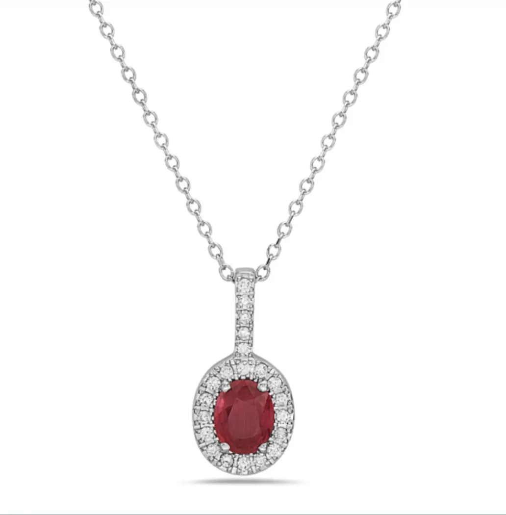 Elegant Ruby and Diamond Halo Pendant Necklace in 14K White Gold with a Stunning Oval Ruby and Sparkling Diamonds