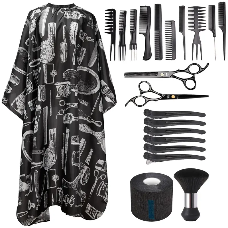 Professional Hair Styling Tool Set, 21pcs/set Antistatic Retro Pattern Hair Cape & Hair Cutting Tool Set, Heatless Styling Tool for Home & Salon Use