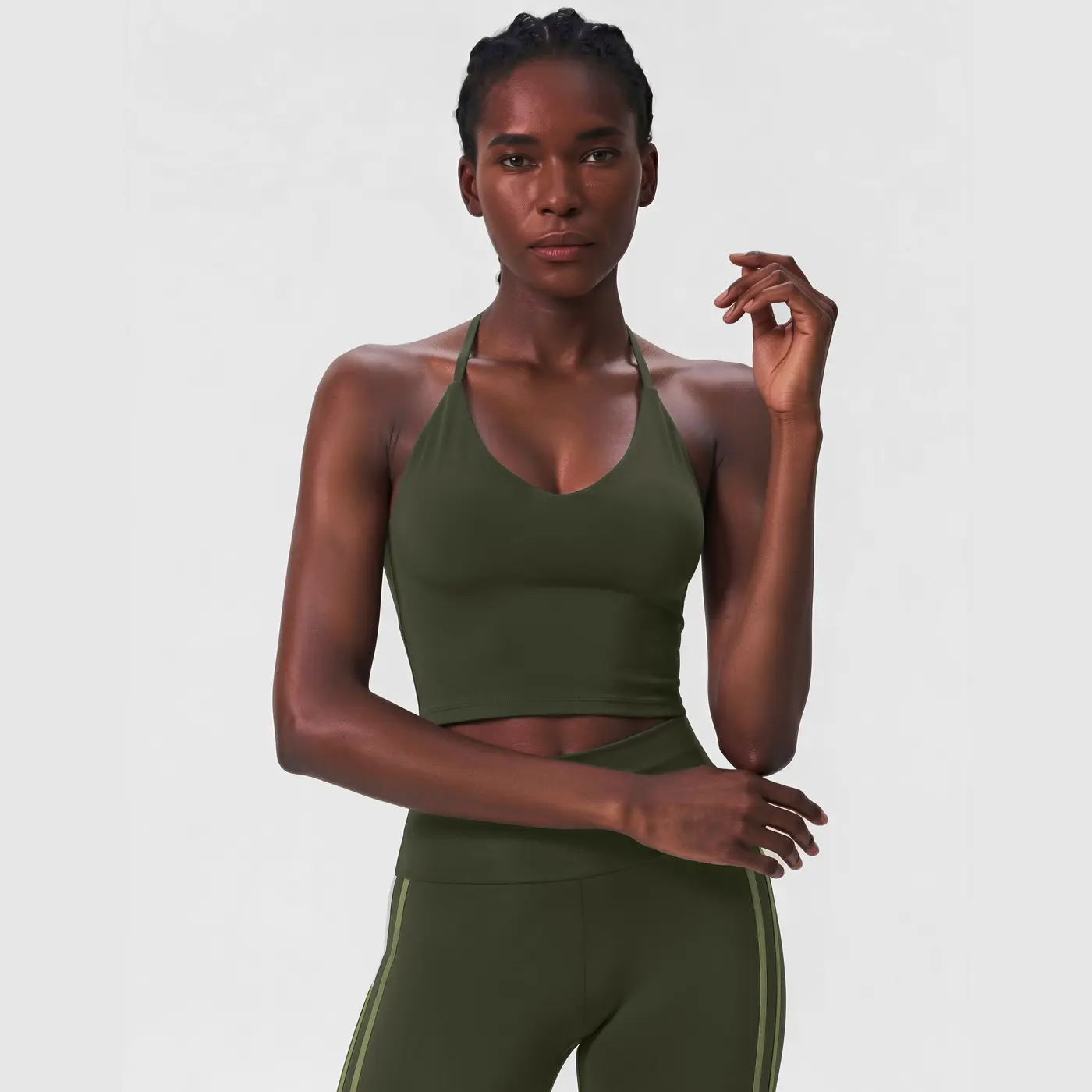 Runana women’s halter V-neck sports tank top, cropped design that exposes the waist, with built-in bra pads—ideal for fitness, Pilates training, and yoga.