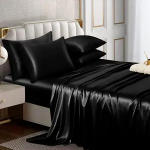 4 count Satin Sheet Set  Size Luxury Silky & Soft Black Satin  Bed Sheet Set with 16" Deep Pocket, 1 Fitted Sheet, 1 Flat Sheet, 2 Pillowcases