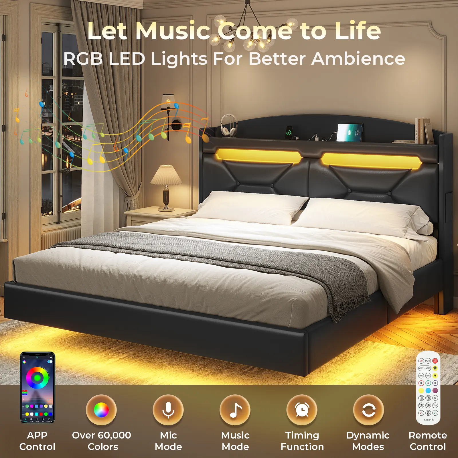 ADORNEVE Full Size Wood-Framed Elevated Minimalist Floating Platform Bed Frame - Upholstered Leather Headboard, Hidden Storage, Built-In USB Port, Remote-Controlled RGB LED Light, Modern Indoor Bedroom Furniture, Floating Bed